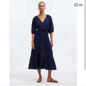 Madewell Women’s Size 2 Tie-Waist Tiered Midi Dress‎ in Windowpane Navy
